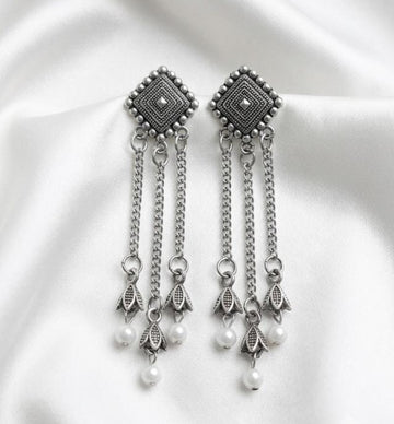 Oxidized Silver Pearl Tassel Long Earrings