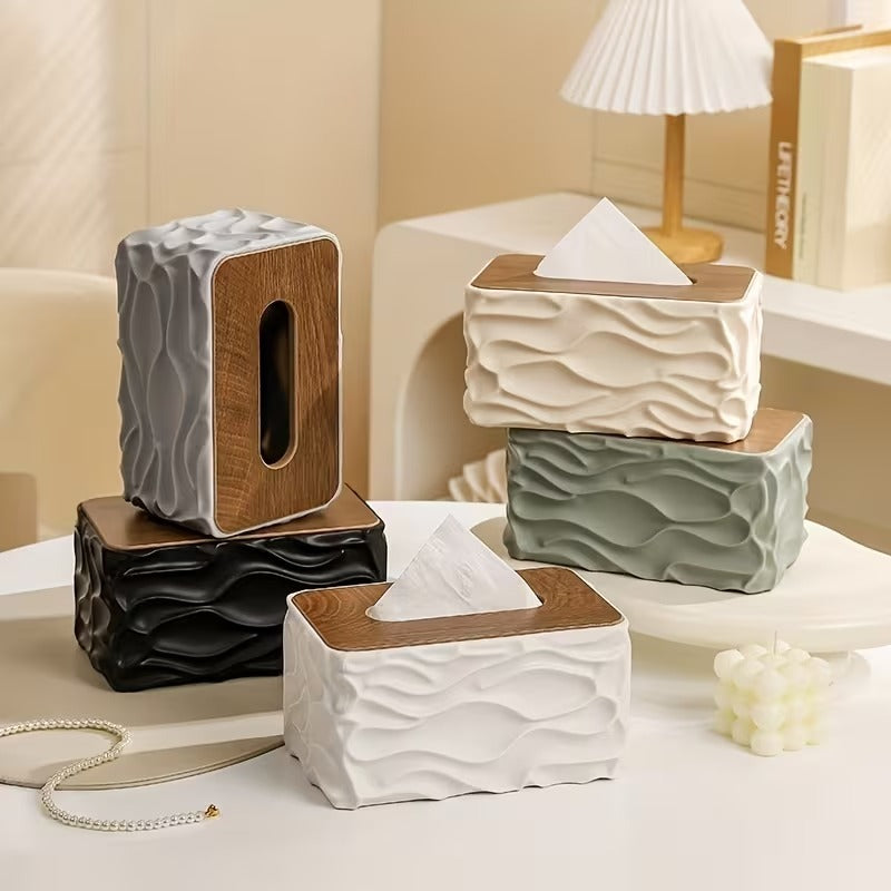 Modern Wavy Texture Tissue Box Cover with Wood-Look Top