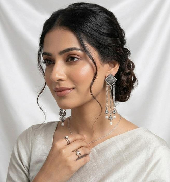 Oxidized Silver Pearl Tassel Long Earrings