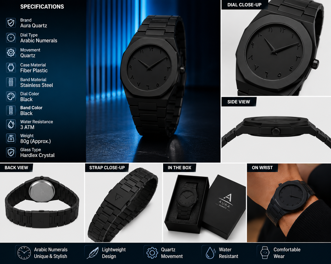 Aura Quartz Watch Black Lightweight Design Arabic Dial Black Aura Arabic Watch For Men Trendy Fiber Plastic Timepiece With Arabic Numerals