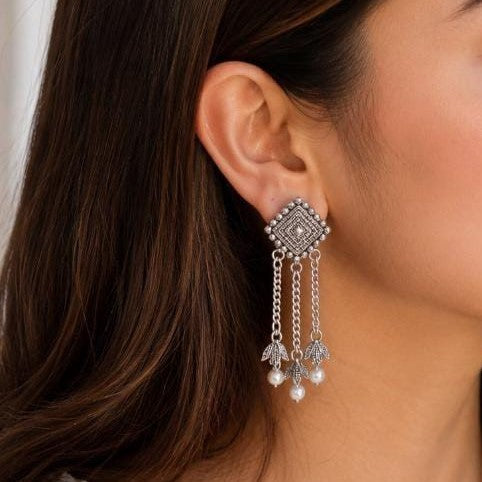 Oxidized Silver Pearl Tassel Long Earrings