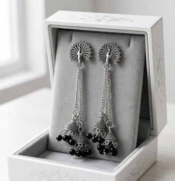 Oxidized Silver Peacock Chain Jhumka Earrings with Black Beads