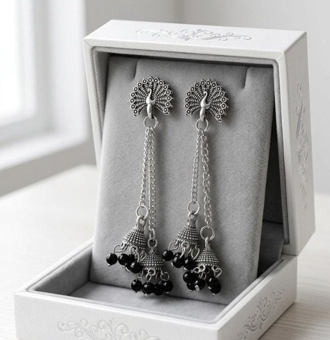 Oxidized Silver Peacock Chain Jhumka Earrings with Black Beads
