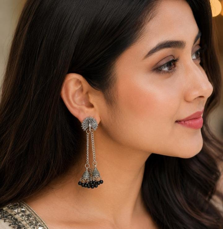 Oxidized Silver Peacock Chain Jhumka Earrings with Black Beads
