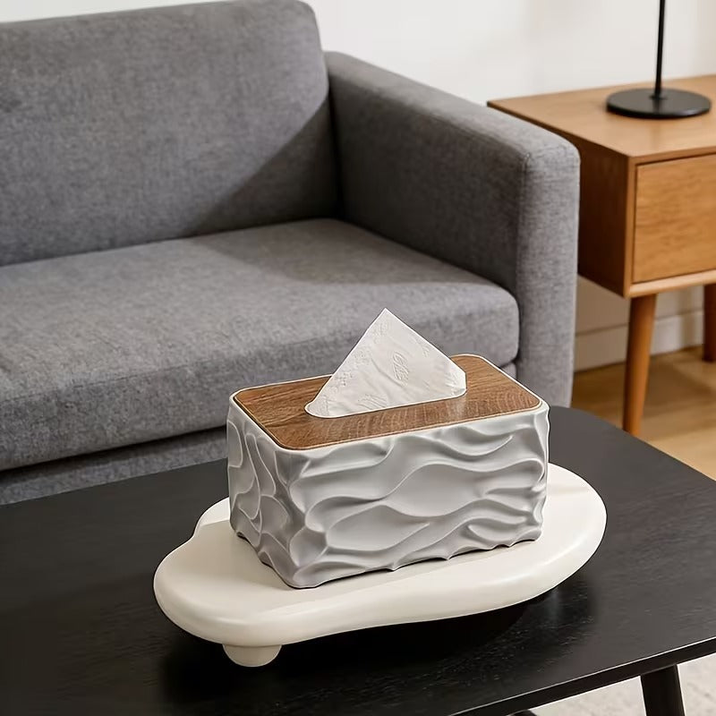Modern Wavy Texture Tissue Box Cover with Wood-Look Top