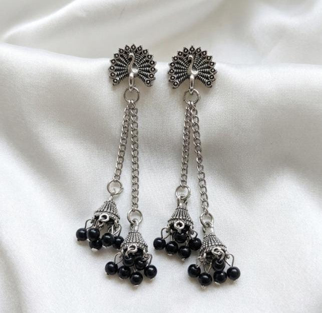Oxidized Silver Peacock Chain Jhumka Earrings with Black Beads