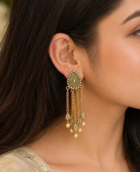 Gold-Tone Teardrop Pearl Tassel Earrings