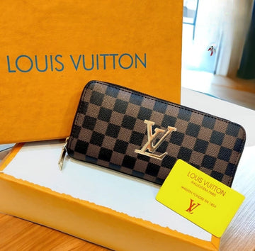 Premium Checkered Zip-Around Long Wallet with Wrist Strap