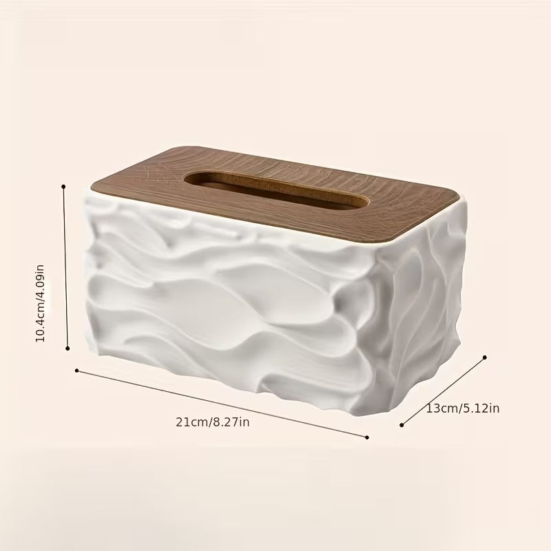 Modern Wavy Texture Tissue Box Cover with Wood-Look Top