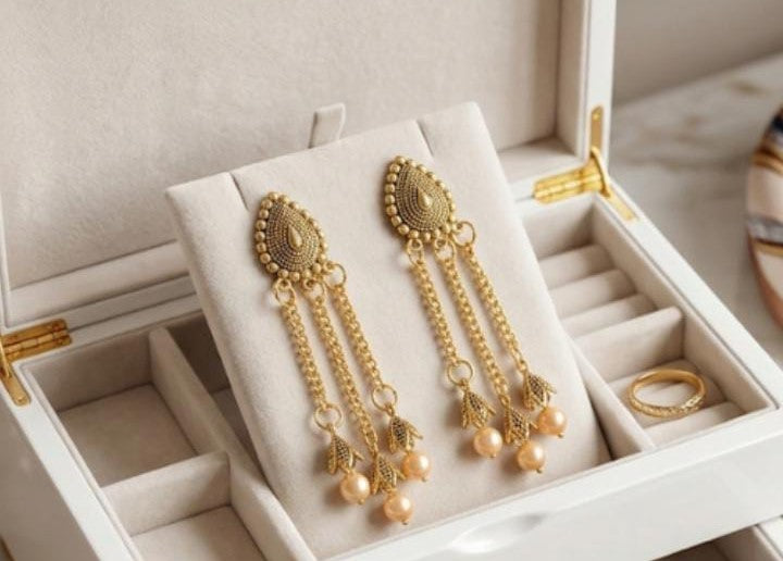 Gold-Tone Teardrop Pearl Tassel Earrings