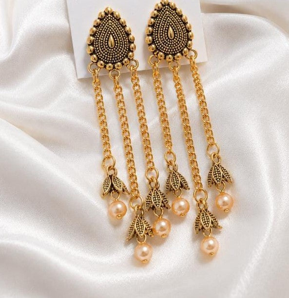 Gold-Tone Teardrop Pearl Tassel Earrings
