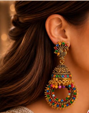 Traditional Indian Tribal Multi-Color Dangling Jhumka Earrings