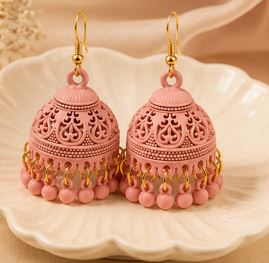 Matte Jhumka Earrings for Women – Traditional Bell Drop Earrings with Bead Tassels