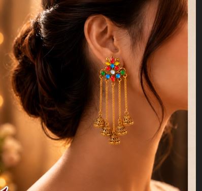 Traditional Indian Tribal Multi-Color Dangling Jhumka Earrings