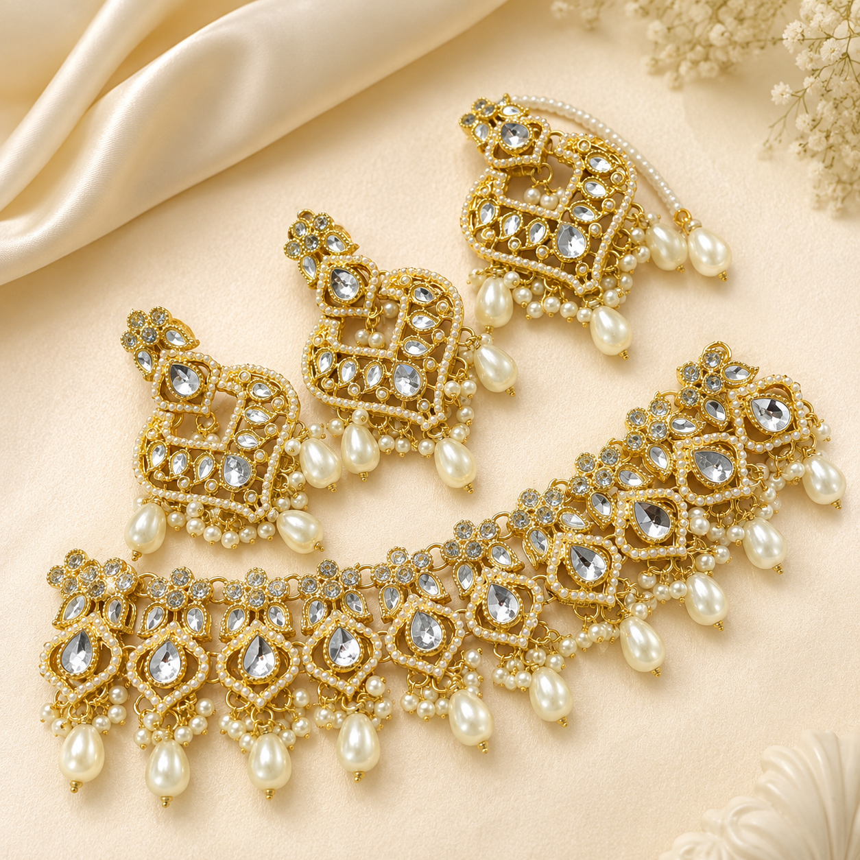 Royal Gold Kundan Pearl Bridal Necklace Set with Earrings & Maang Tikka