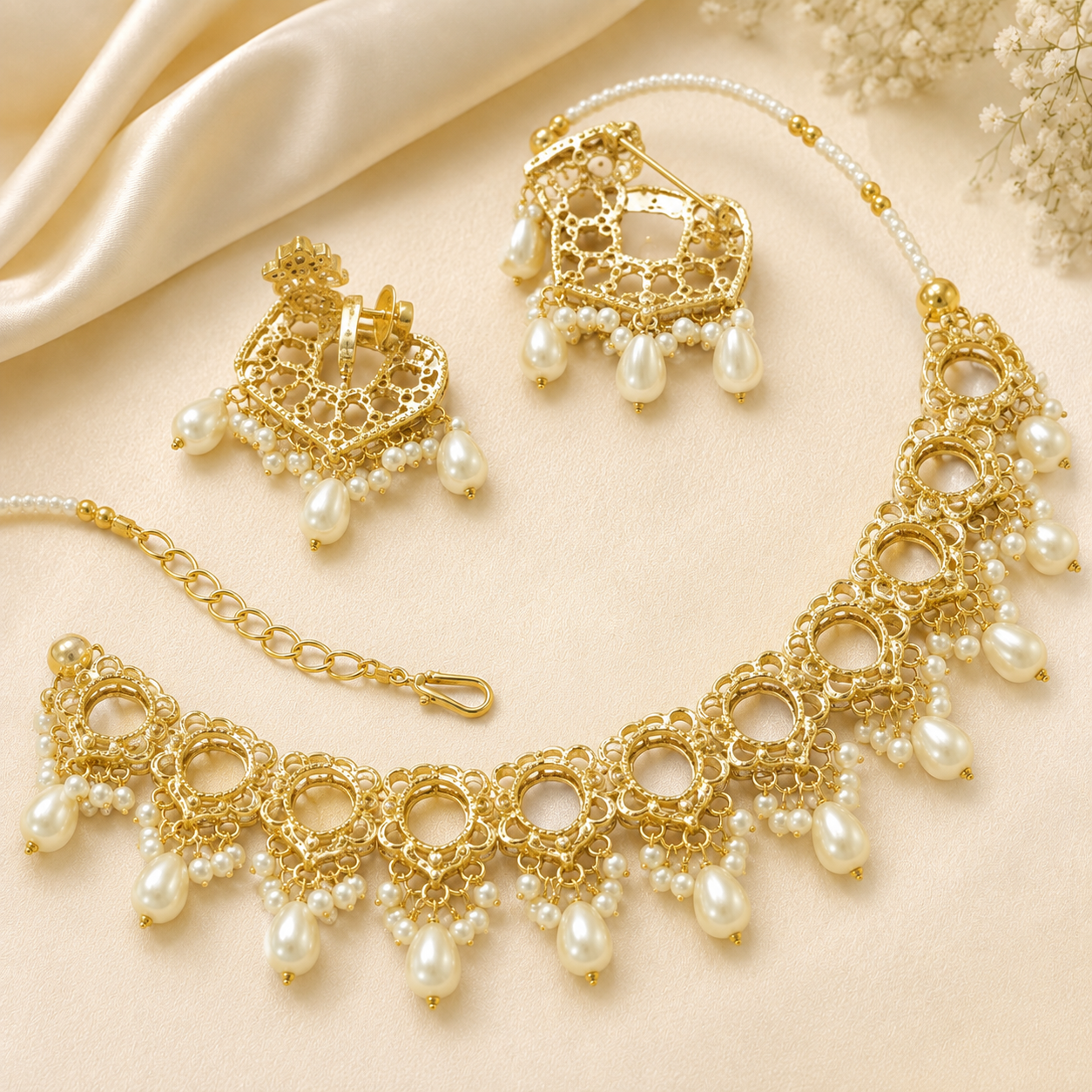 Royal Gold Kundan Pearl Bridal Necklace Set with Earrings & Maang Tikka