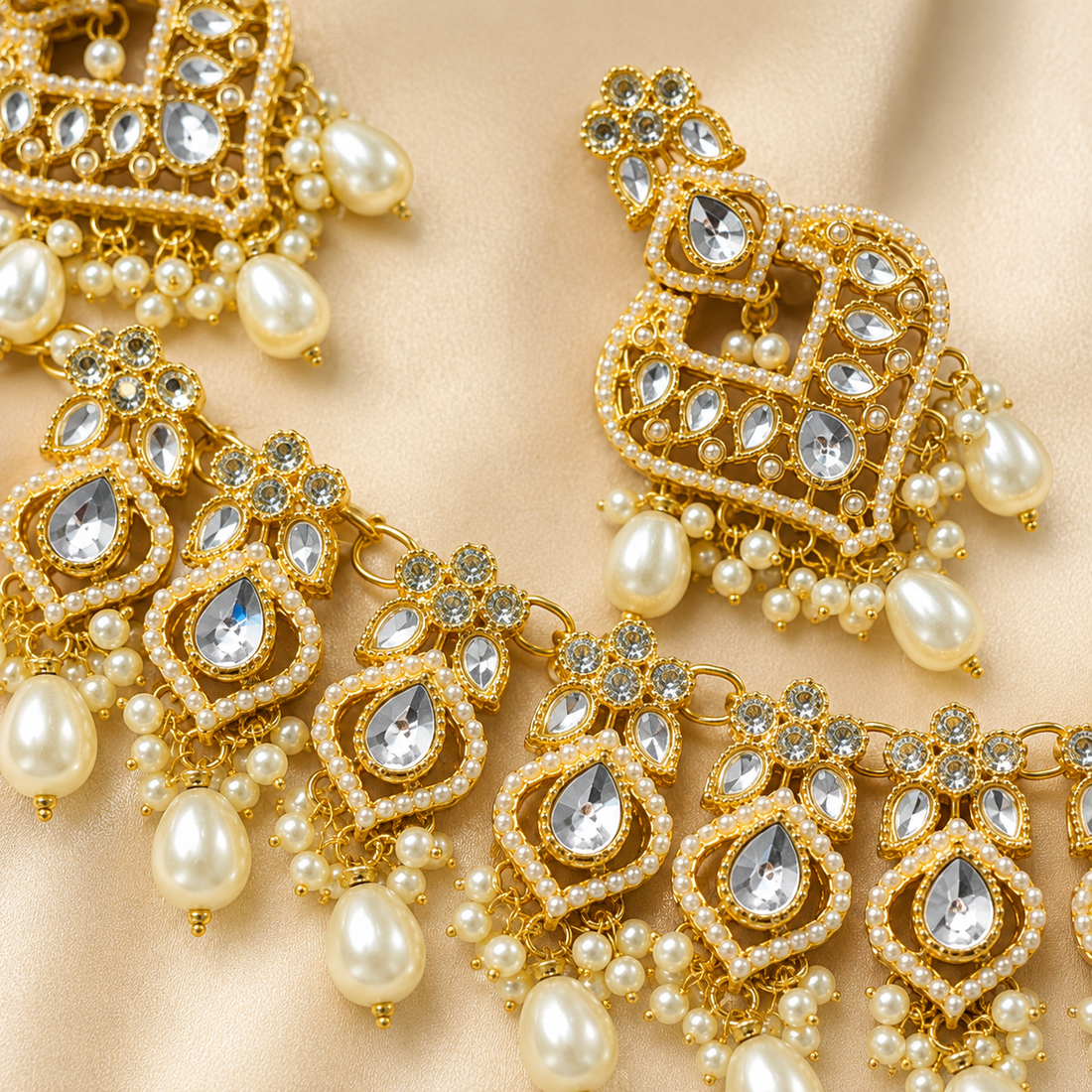 Royal Gold Kundan Pearl Bridal Necklace Set with Earrings & Maang Tikka