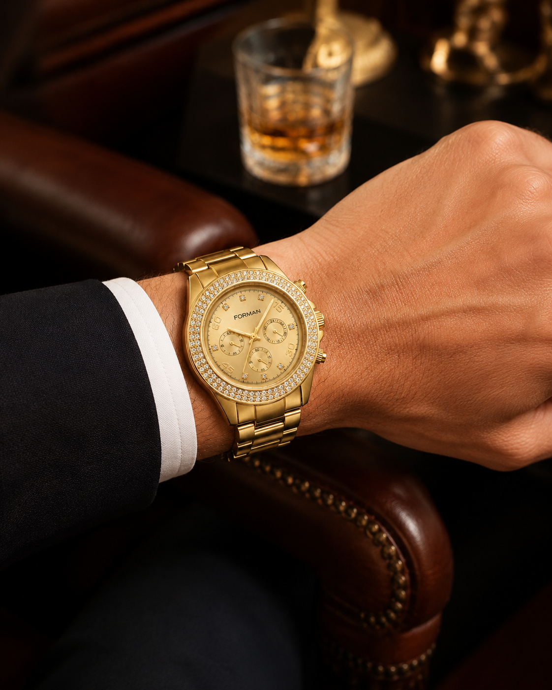 FORMAN Gold-Tone Crystal Bezel Multi-Dial Men’s Wristwatch