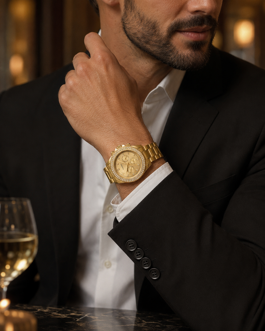 FORMAN Gold-Tone Crystal Bezel Multi-Dial Men’s Wristwatch