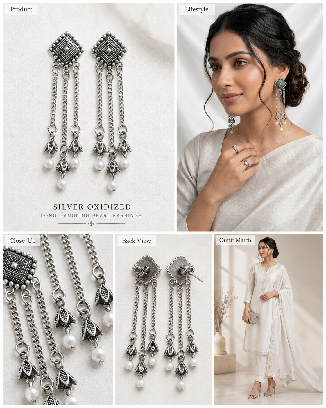 Oxidized Silver Pearl Tassel Long Earrings