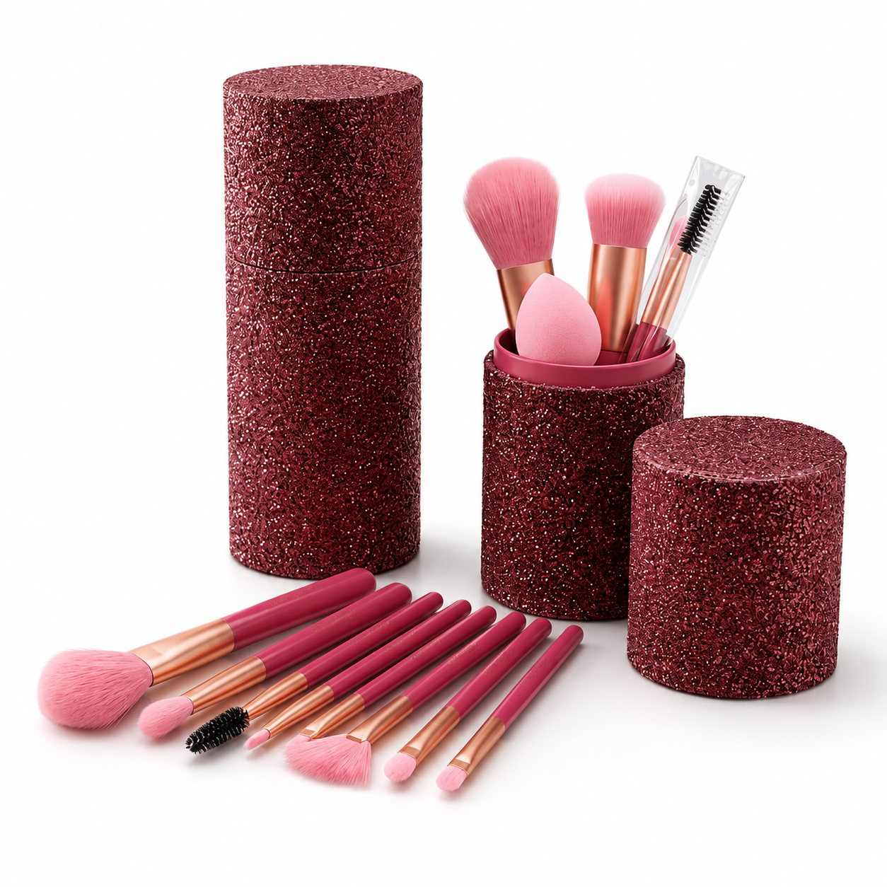 Elegant Rose Glitter Makeup Brush Set with Luxury Holder