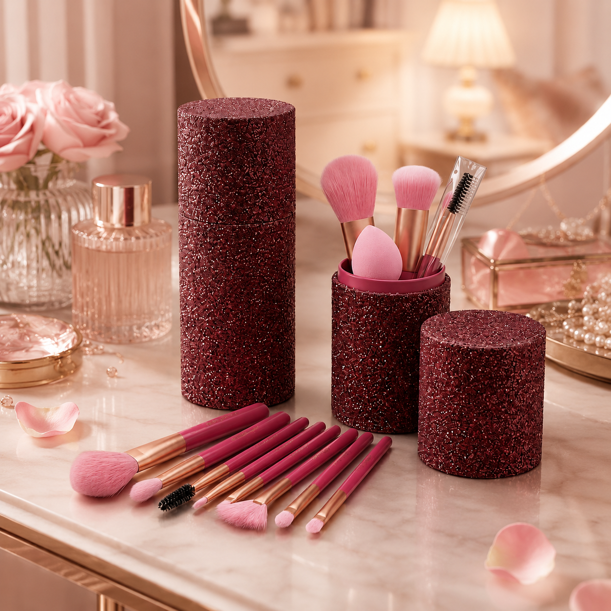 Elegant Rose Glitter Makeup Brush Set with Luxury Holder