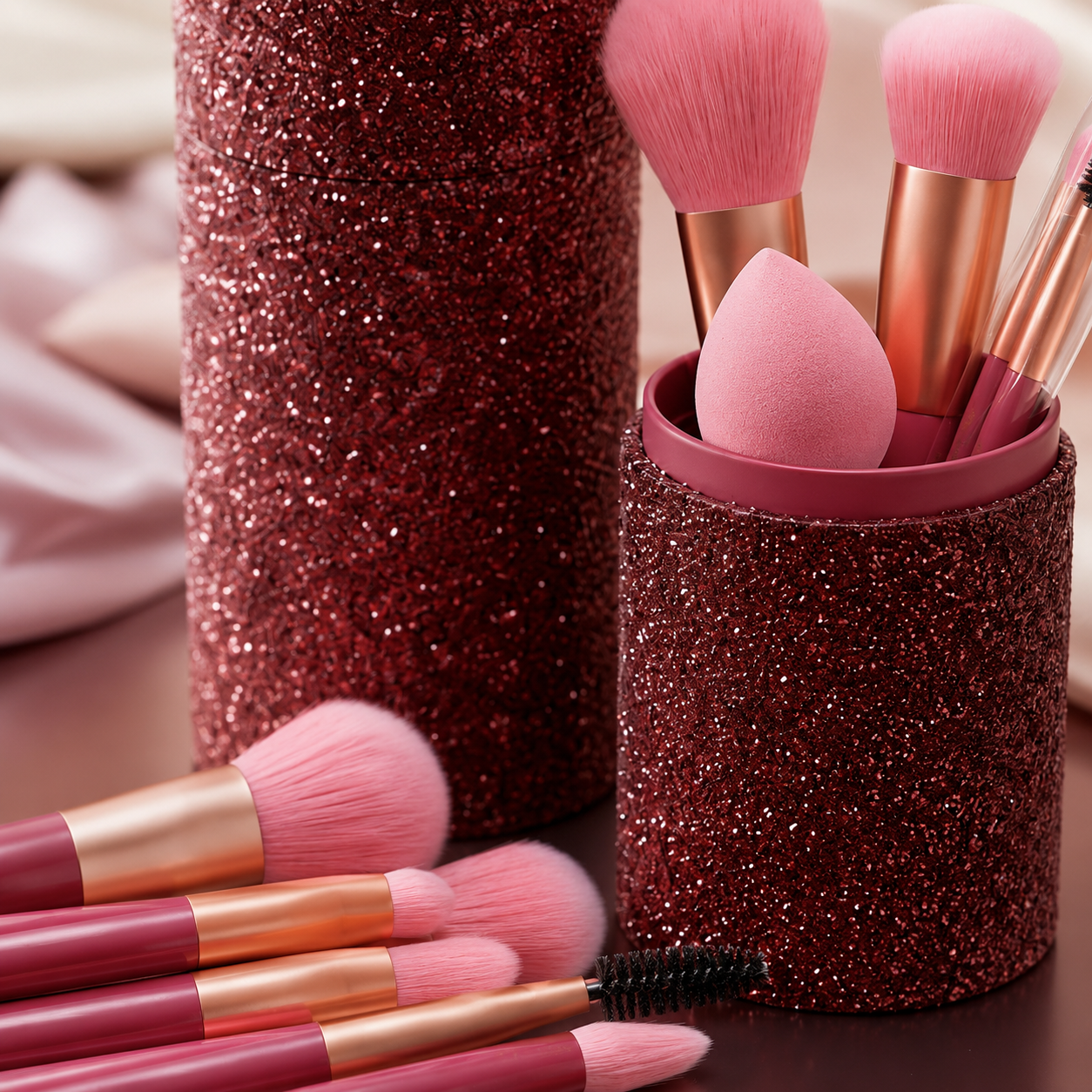 Elegant Rose Glitter Makeup Brush Set with Luxury Holder
