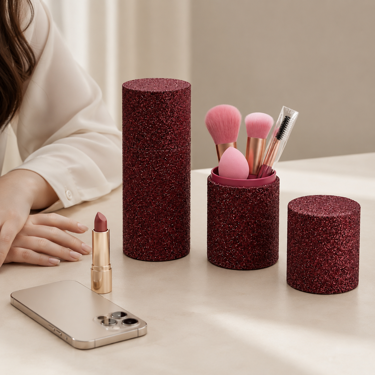 Elegant Rose Glitter Makeup Brush Set with Luxury Holder