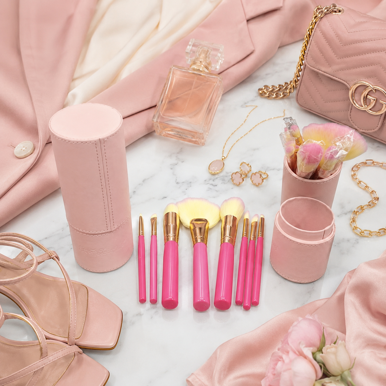 Blush Pink Travel Makeup Brush Set with Luxury Storage Case