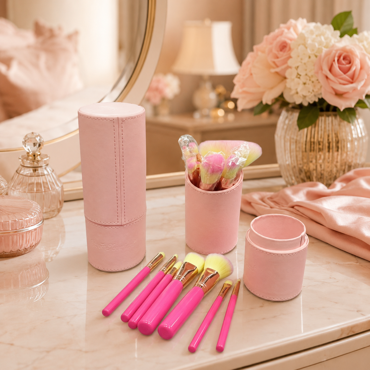 Blush Pink Travel Makeup Brush Set with Luxury Storage Case
