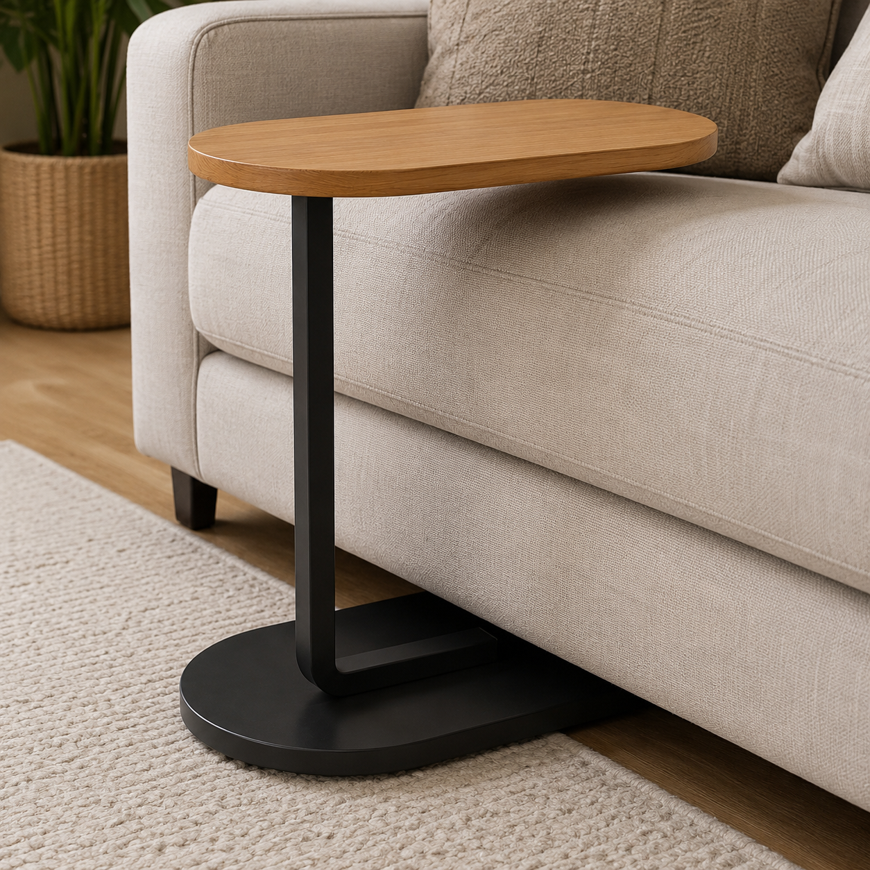 Modern C-Shaped Sofa Side Table with Wooden Top & Metal Base