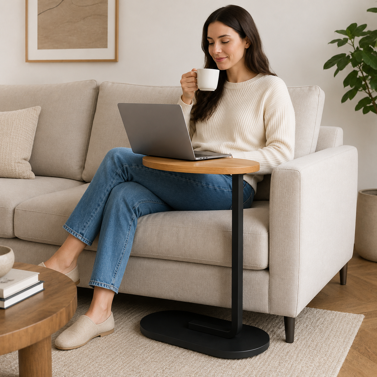 Modern C-Shaped Sofa Side Table with Wooden Top & Metal Base