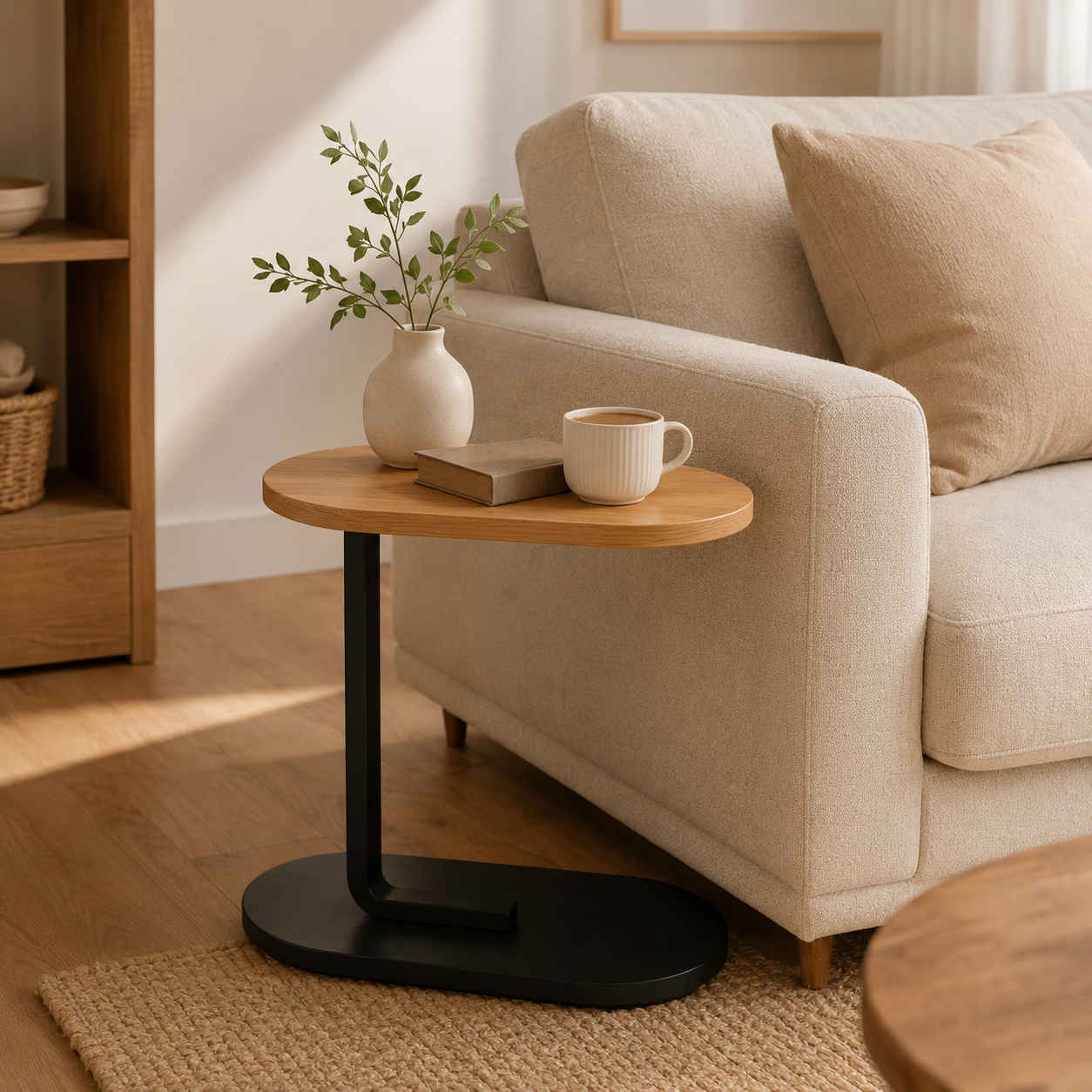 Modern C-Shaped Sofa Side Table with Wooden Top & Metal Base