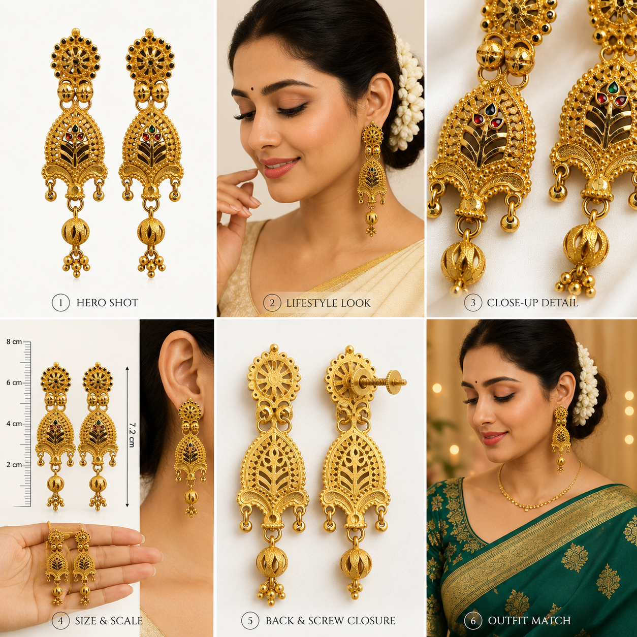 South Indian Style Long Meenakari Screw Earrings – Antique Gold Finish