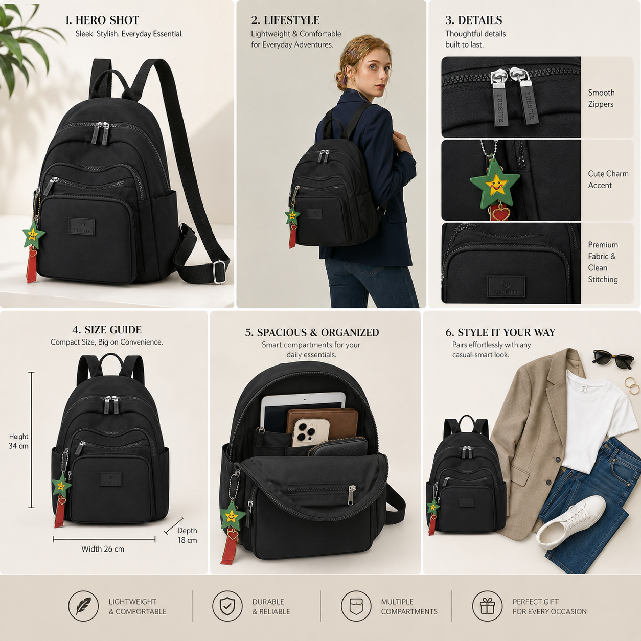 Black Mini Backpack for Women – Multi-Pocket Travel & Daily Use Bag