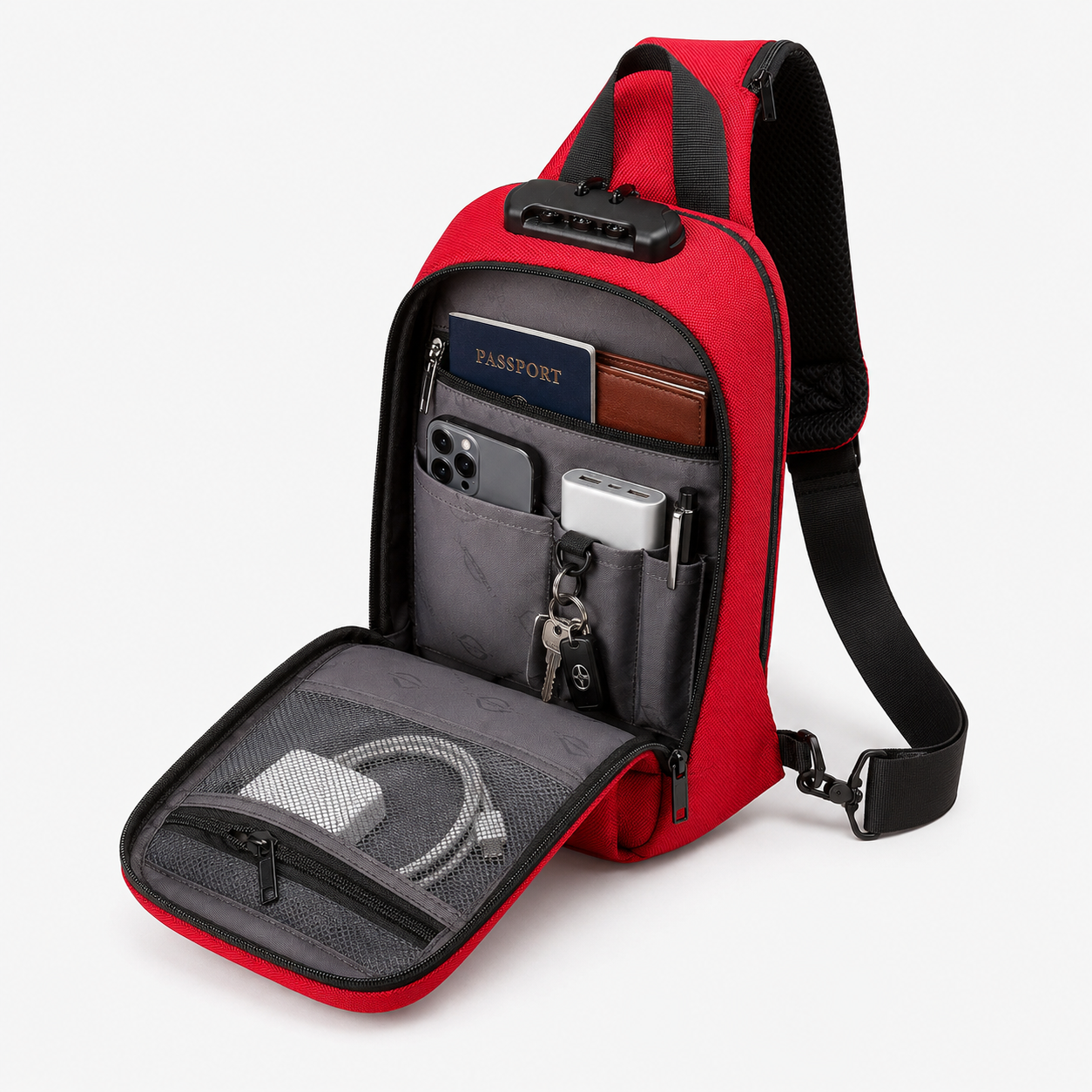 Red Anti-Theft Sling Bag with Password Lock – Crossbody Travel Chest Bag