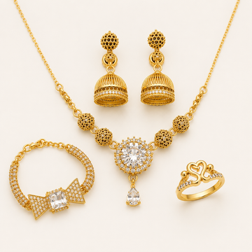 Luxury Gold-Tone Jewelry Set for Women – Necklace, Jhumka Earrings, Bracelet & Ring