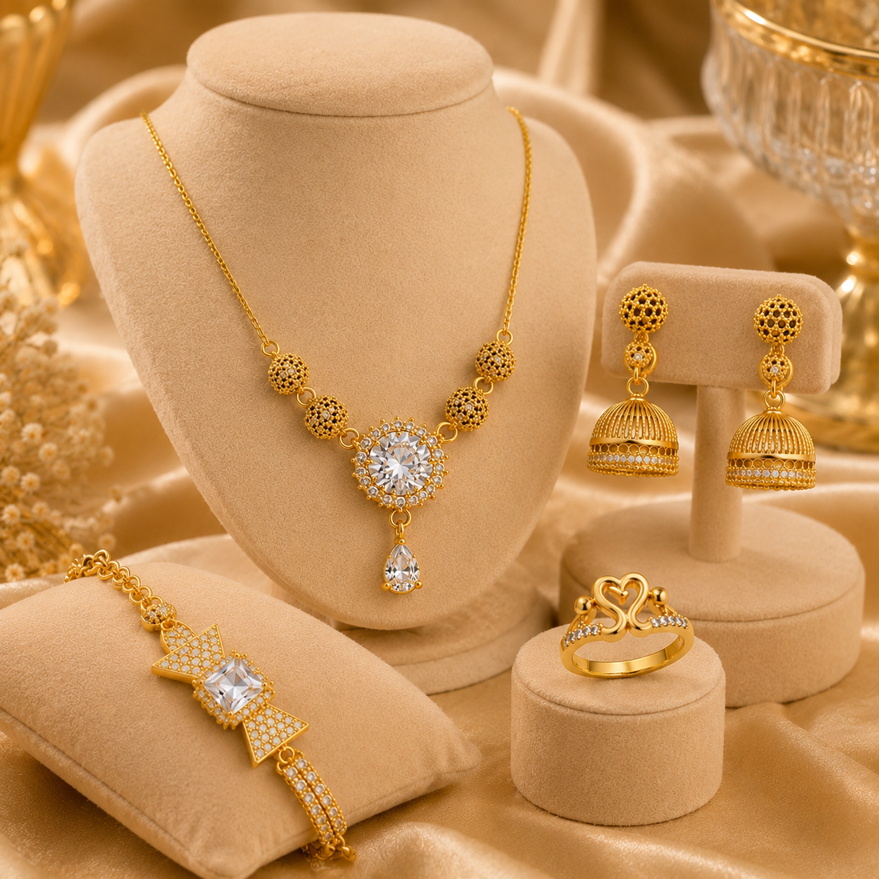 Luxury Gold-Tone Jewelry Set for Women – Necklace, Jhumka Earrings, Bracelet & Ring