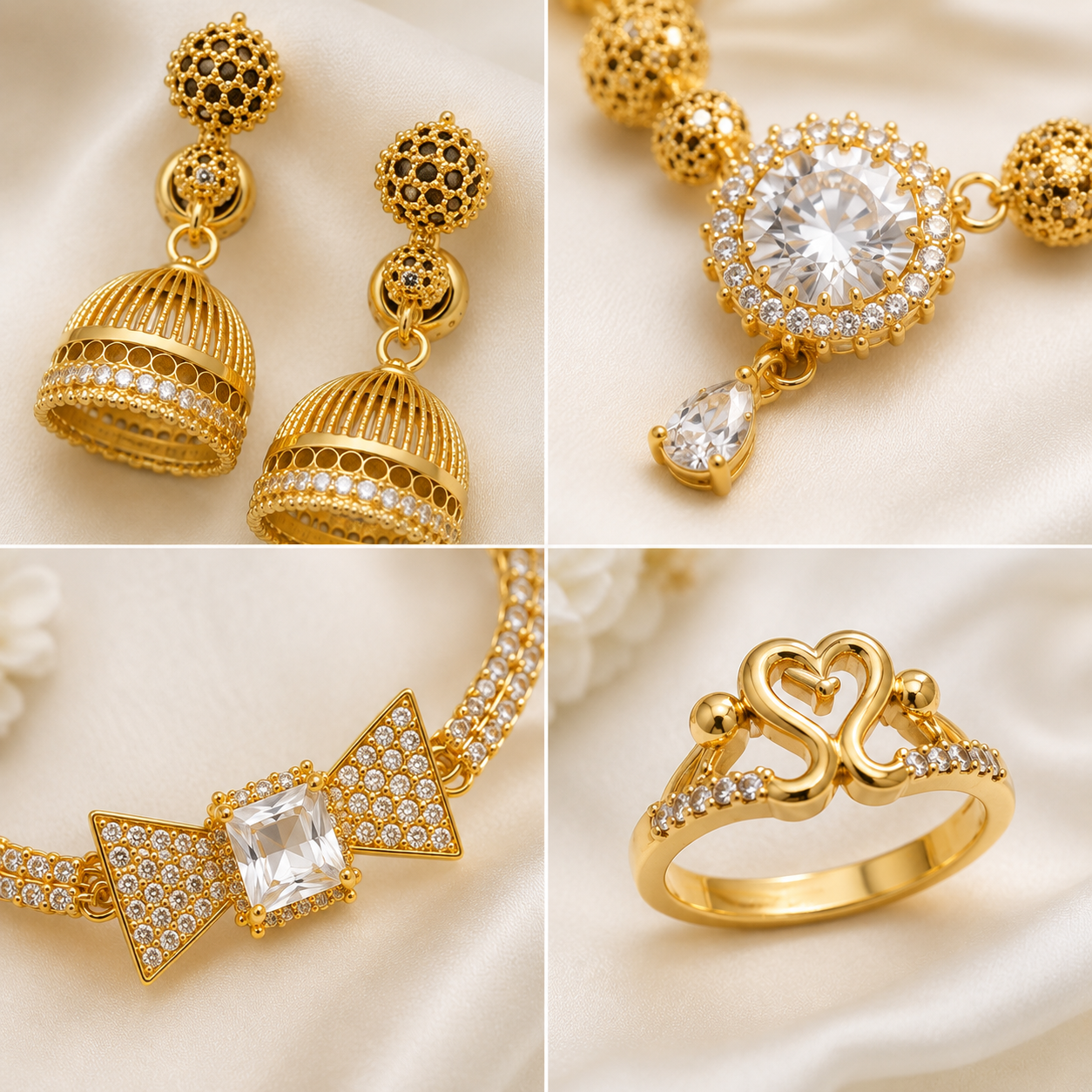 Luxury Gold-Tone Jewelry Set for Women – Necklace, Jhumka Earrings, Bracelet & Ring
