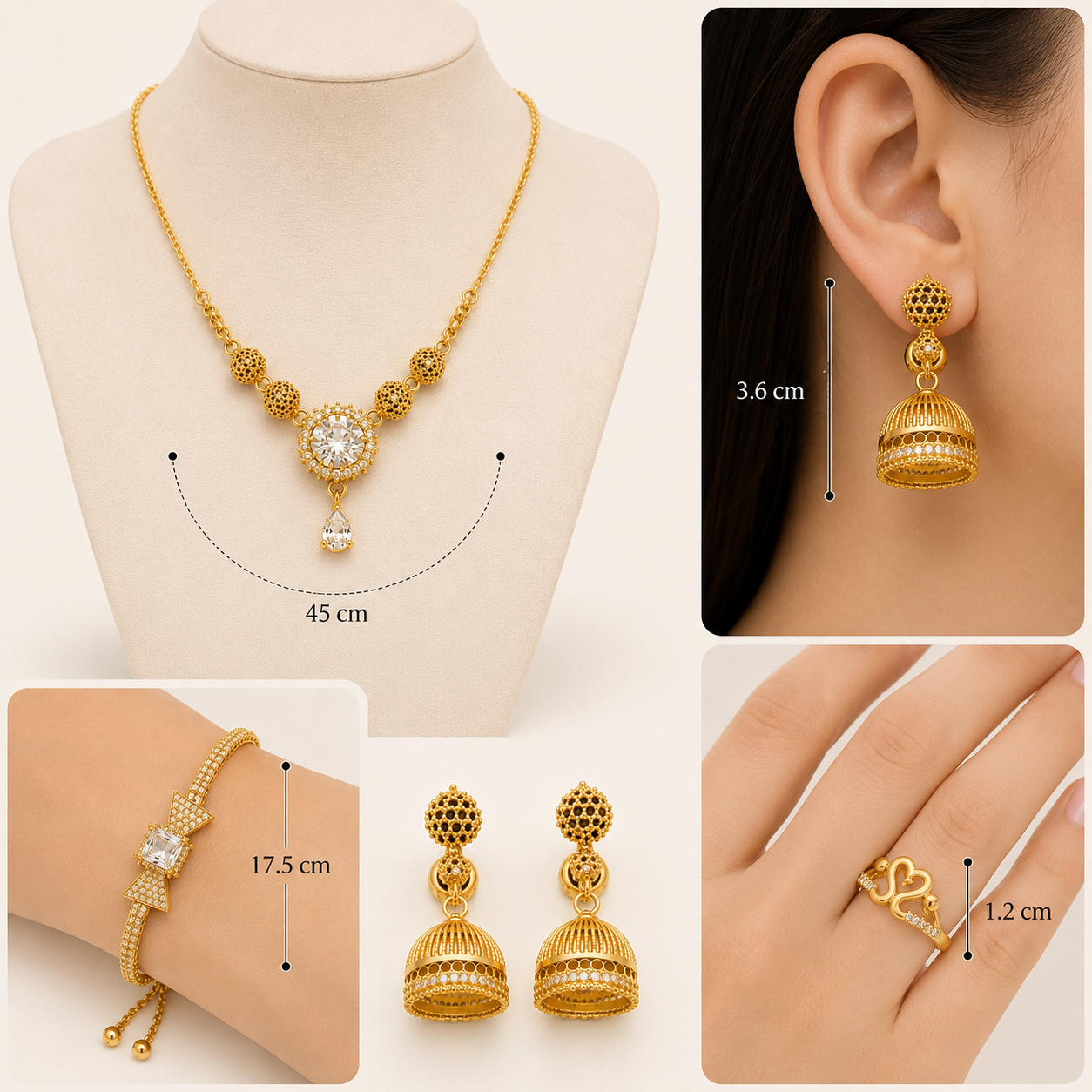 Luxury Gold-Tone Jewelry Set for Women – Necklace, Jhumka Earrings, Bracelet & Ring