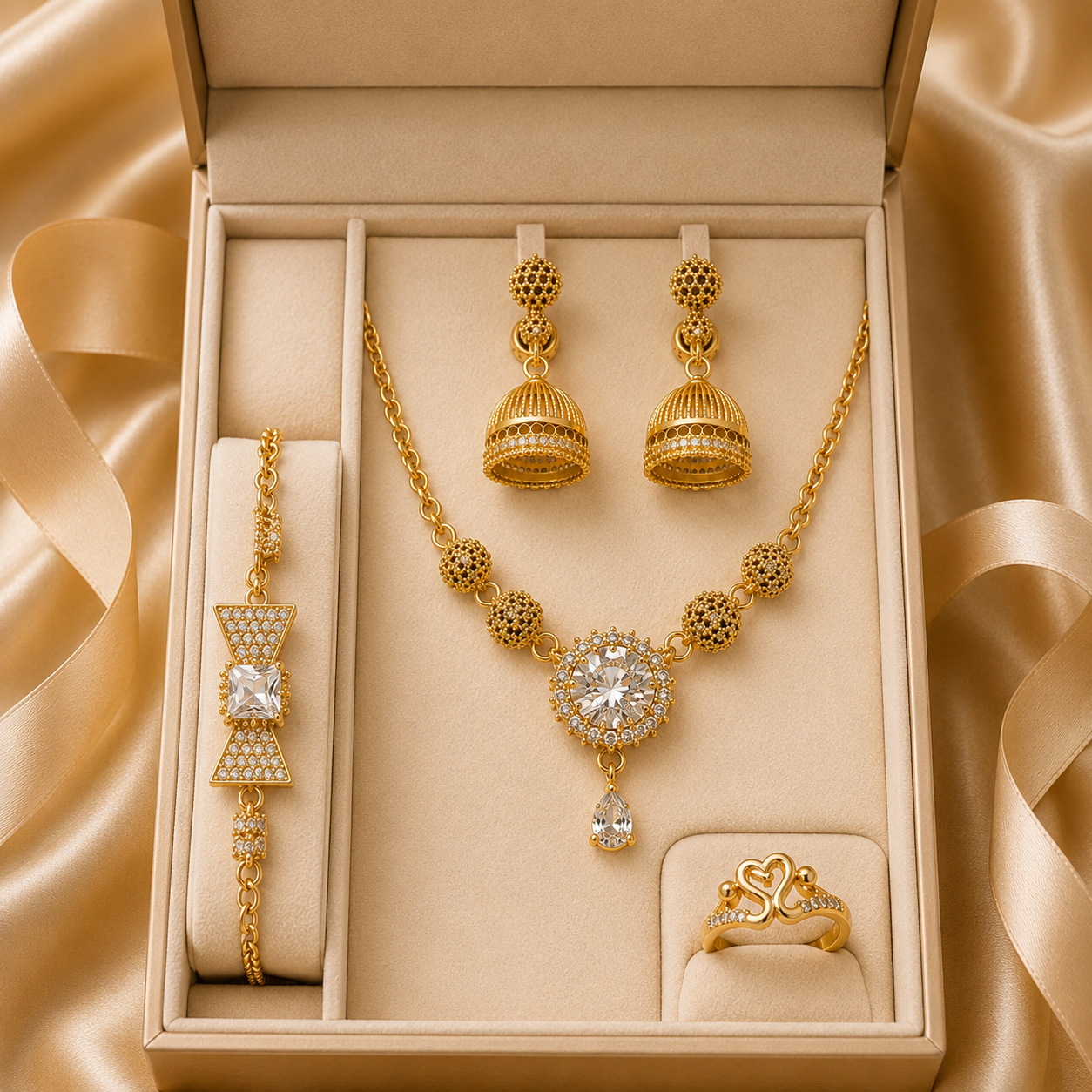 Luxury Gold-Tone Jewelry Set for Women – Necklace, Jhumka Earrings, Bracelet & Ring