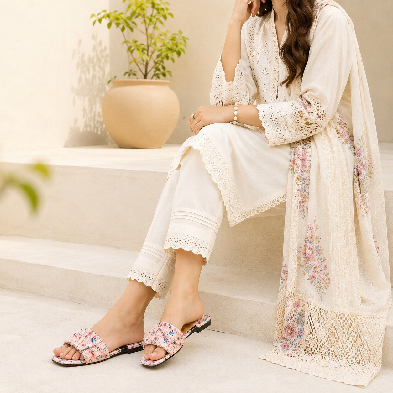 Floral Ruched Slide Sandals for Women