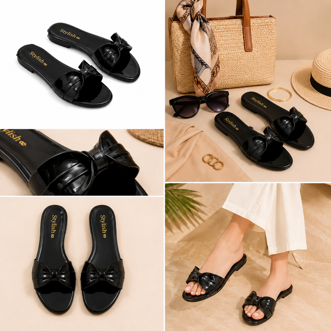 Glossy Bow Slide Sandals for Women