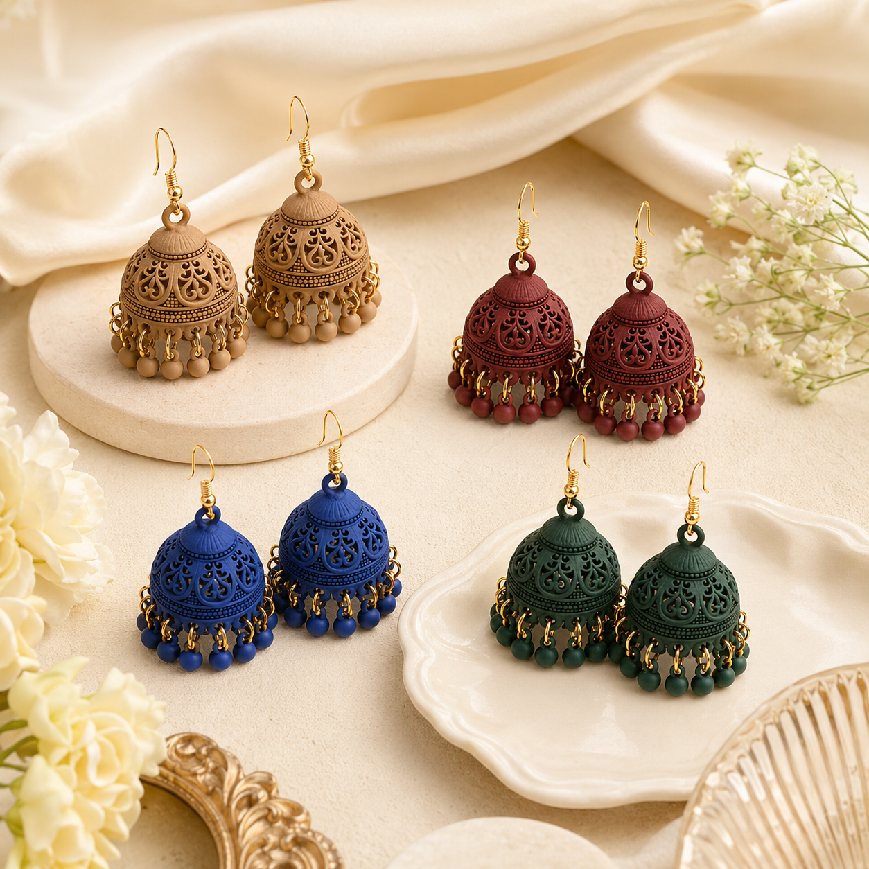 Matte Jhumka Earrings for Women – Traditional Bell Drop Earrings with Bead Tassels