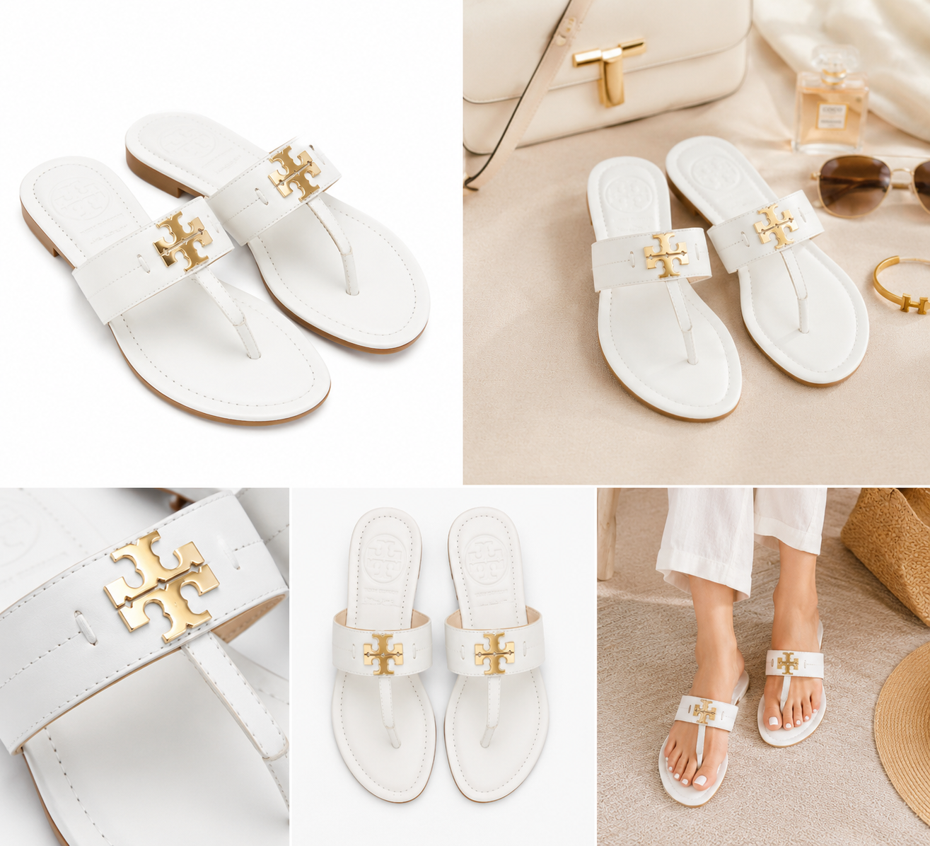 Women’s White Gold Logo Slide Sandals – Premium Flat Summer Slippers