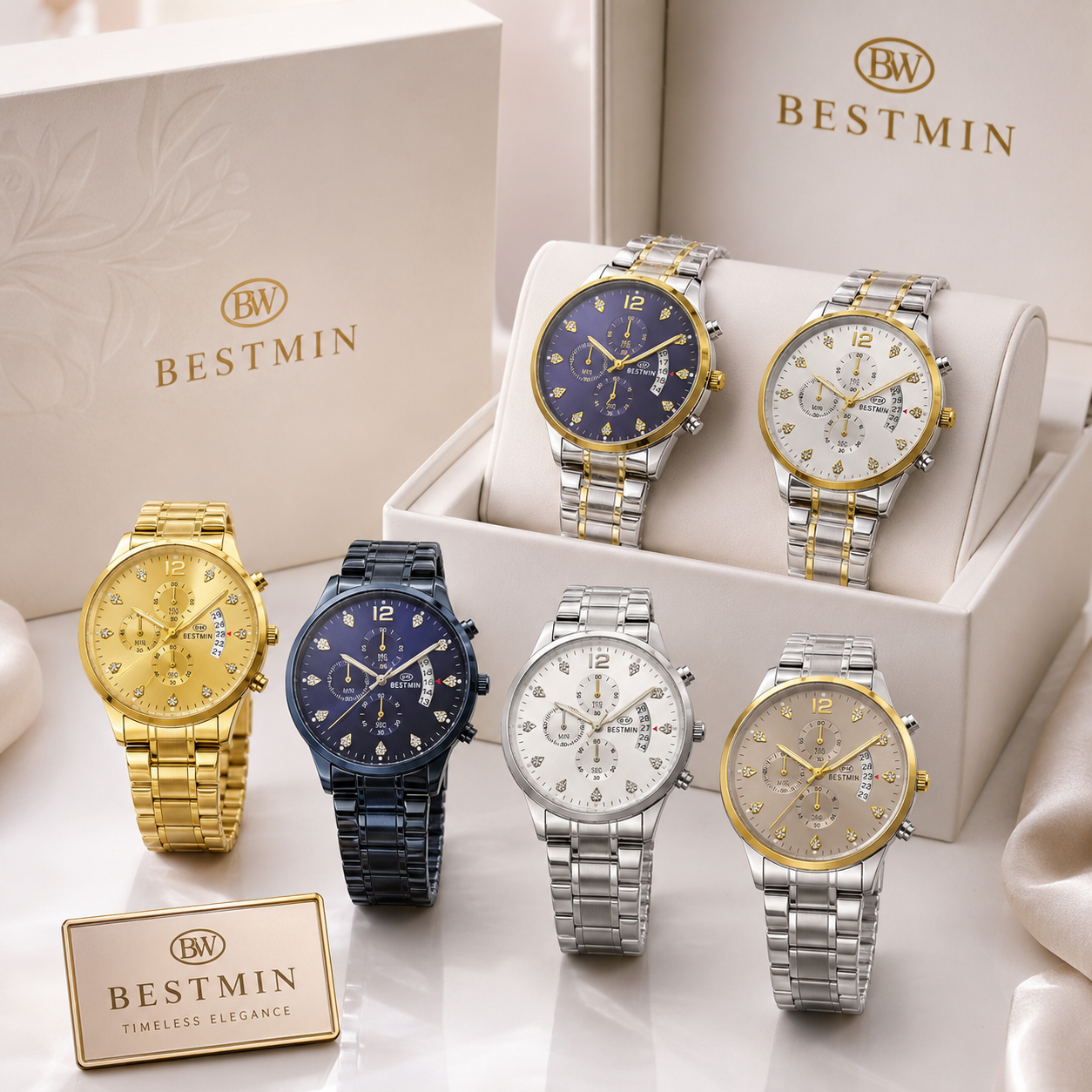 Luxury BESTWIN Chronograph Men’s Wrist Watch | Stainless Steel Diamond Dial Fashion Watch