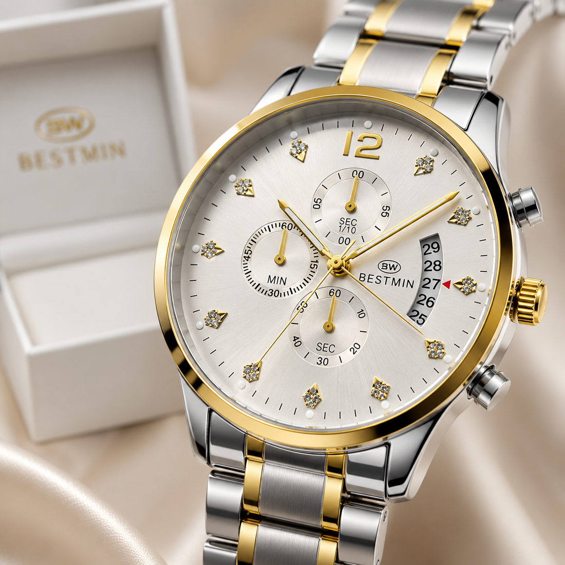 Luxury BESTWIN Chronograph Men’s Wrist Watch | Stainless Steel Diamond Dial Fashion Watch