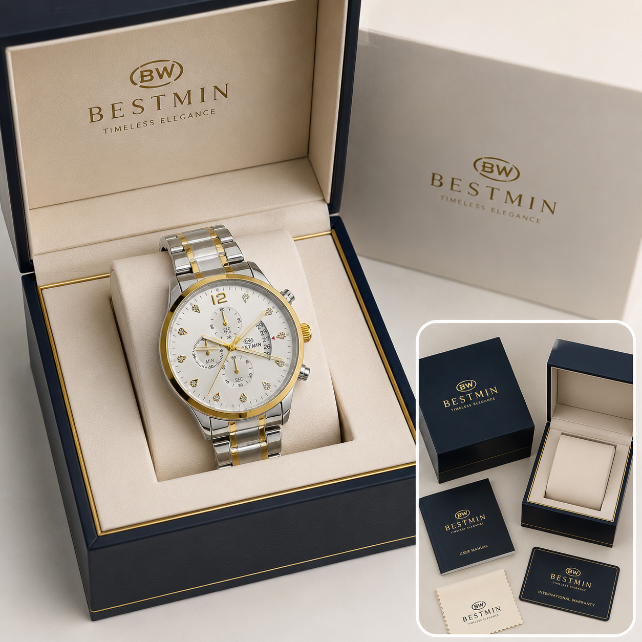 Luxury BESTWIN Chronograph Men’s Wrist Watch | Stainless Steel Diamond Dial Fashion Watch