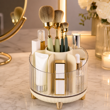 Makeup Organizer Box | Cosmetic Storage Holder with Brush Stand & Lipstick Compartments | Vanity Skincare Organizer