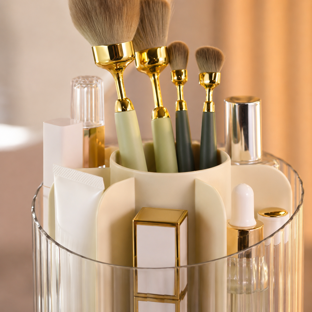 Makeup Organizer Box | Cosmetic Storage Holder with Brush Stand & Lipstick Compartments | Vanity Skincare Organizer